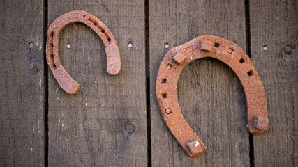 Old rusty horseshoe on the rustic wooden wall background.