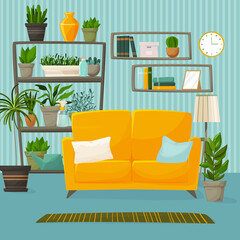Family living room flat color vector illustration. A bright sofa, shelves with plants, a lamp. Living room 2D cartoon interior.