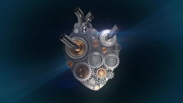 Machine heart concept, mechanical parts, steel cogwheel gear rotating, endurance. 3d animation, loopable background