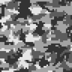 Digital camouflage, gray pixel background.