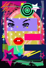 Sexy girl with red lips on the pop art background, vivid colors