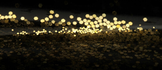 Gold (bronze) glitter shine dots confetti. Abstract city light blink sparkle horizontal backgound.