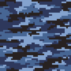 Pixel camouflage seamless pattern blue background trendy texture for textiles