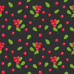 Vector seamless pattern of cranberry twig, berries and leaves on a gray background. Bright juicy berries for wallpaper, wrapping paper, fabric, packaging design.