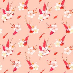 Spring seamless pattern of cherry blossom. Suitable for cards and wrapping paper for International Women's Day. 