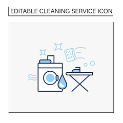 Laundry services line icon. Washing, drying and ironing. Washing machine, ironing board. Using chemical solvent with water. Cleaning service concept. Isolated vector illustration.Editable stroke