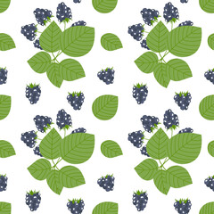 Vector seamless pattern of blackberry twig, berries and leaves on a white background. Bright juicy berries for wallpaper, wrapping paper, fabric.