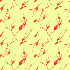 Cherry branches with leaves: seamless pattern. Digital drawing