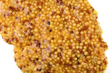 Whole grain mustard. French mustard is isolated on a white background.
