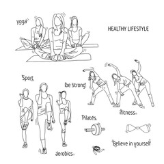 Vector illustration of people, who train and love sport, fitness, yoga in white background. Sketch style