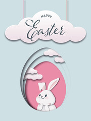 Cute bunny, cut out paper style. Easter 2021. Pink, blue, white hare, white obloka. Paper cut.