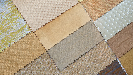 catalog of interior luxury fabric sample chart showing multi texture and pattern of fabric in gold and light brown color tone. interior drapery and curtain samples palette.