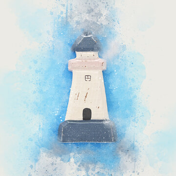 watercolor style image of nautical concept with lighthouse