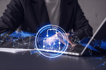 A woman programmer is typing a code on computer to protect a cyber security from hacker attacks and save clients confidential data. Padlock Hologram icons over the typing hands. Formal wear.