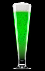Frosty glass of draft green beer with bubble froth isolated on black background.