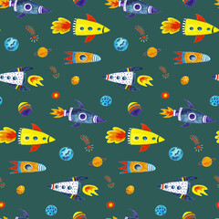 Rockets and planets, bright children's pattern.