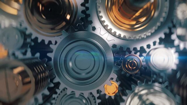 Cogwheel mechanism rotating relentlessly, durable machine gears, technology. 3d animation, loopable background