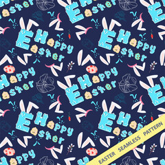 Obraz premium Easter seamless pattern flat illustration in the style of childrens doodle Beautiful lettering rabbit ears colored eggs drawings are arranged in random order