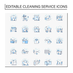 Cleaning services line icons set.Consists of house cleaning, apartments, commercial, services, pressure washing, sanitizing service etc. Cleanup concepts.Isolated vector illustrations.Editable stroke