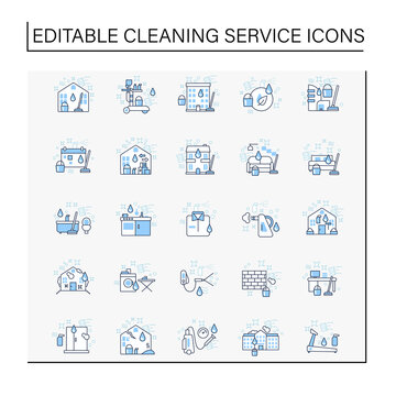 Cleaning Services Line Icons Set.Consists Of House Cleaning, Apartments, Commercial, Services, Pressure Washing, Sanitizing Service Etc. Cleanup Concepts.Isolated Vector Illustrations.Editable Stroke