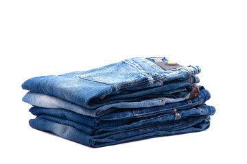 Stack of blue jeans  on white background