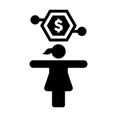 Digital money icon vector dollar currency symbol with female person for currency transaction in a glyph pictogram illustration