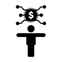 Digital money icon vector dollar currency symbol with male person for currency transaction in a glyph pictogram illustration