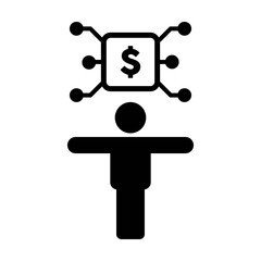 Digital currency icon vector dollar money symbol with male person for transaction in a glyph pictogram illustration