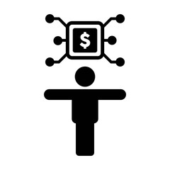 Digital dollar currency icon vector symbol with male person for currency transaction in a glyph pictogram illustration