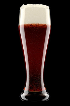 Frosty glass of fresh stout beer with bubble froth isolated on black background.