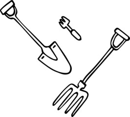  Cute little vector of rake and shovel, labor tools. Hand drawn isolated illustration.