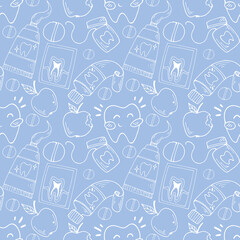 dentistry seamless pattern. doodles. hand drawing. white line art on blue background