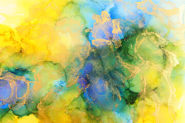Obraz na płótnie Canvas art photography of abstract fluid art painting with alcohol ink, blue, yellow and gold colors