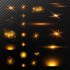 Light effects set, golden stars, bokeh,glittering particles.