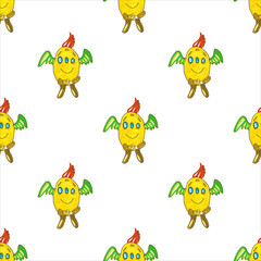 Funny abstract yellow monster with green wings isolated on white background. Seamless pattern.