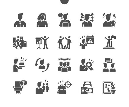 Office Workers. Communication and work. Group leader, job target, work team. Business, manager, finance, professional, success and deadline. Vector Solid Icons. Simple Pictogram
