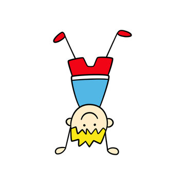 recommend clip art: Funny little boy is standing upside down. Cute kid drawing. Hand drawn vector illustration in doodle style on white background