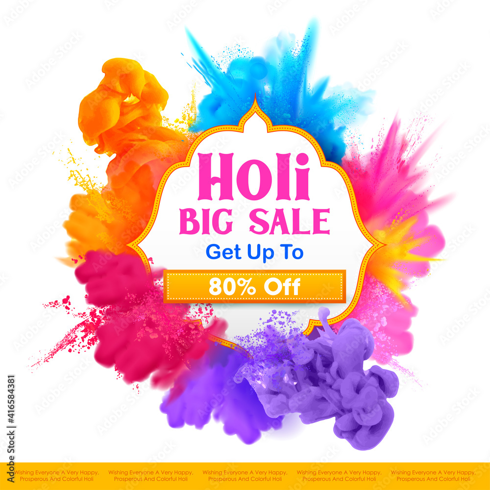 Sticker illustration of abstract colorful Happy Holi background card design for color festival of India celebration greetings