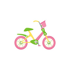 two-wheeled bicycle with a basket for a teenager. Bright colors for the girl. Isolated on a white background. Vector illustration, flat.