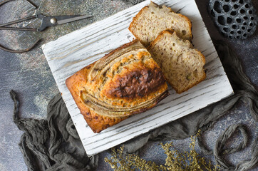 Banana cake with banana shaped on gauze