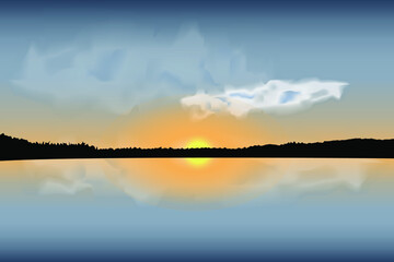 Colorful sunset over the water. Silhouettes of the forest. Vector clouds