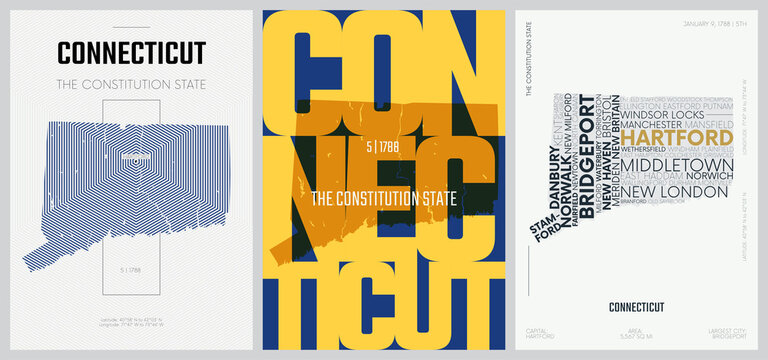5 of 50 sets, US State Posters with name and Information in 3 Design Styles, Detailed vector art print Connecticut map