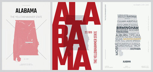 22 of 50 sets, US State Posters with name and Information in 3 Design Styles, Detailed vector art print Alabama map