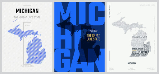 26 of 50 sets, US State Posters with name and Information in 3 Design Styles, Detailed vector art print Michigan map - obrazy, fototapety, plakaty