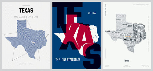 28 of 50 sets, US State Posters with name and Information in 3 Design Styles, Detailed vector art print Texas map