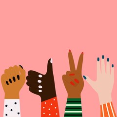 Obraz premium Vector concept of the struggle for equality. Women's hands of different ethnicities. Feminine concept. EPS vector