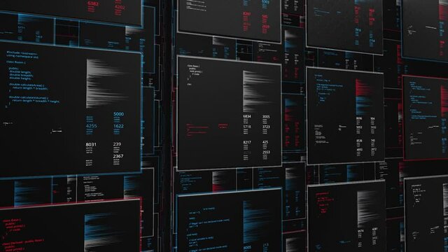 Lot of information cells in computer. Animation. 3d animation with information base of many cells. Cells with computer data and calculations