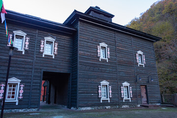 Ethnopark called My Russia with buildings of different ethnic groups in Rosa Khutor, Russia