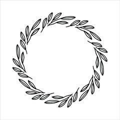 Vector hand drawn spring wreath isolated on white background. Outline circle of leaves. Doodle style. Floral frame.