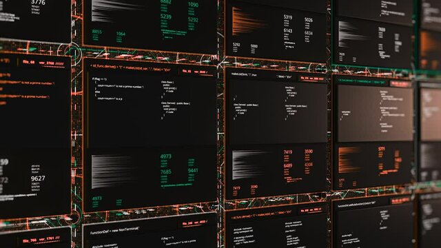Software in digital tables. Animation. 3d virtual database distributed across cells with numeric data. Computing processes in virtual software
